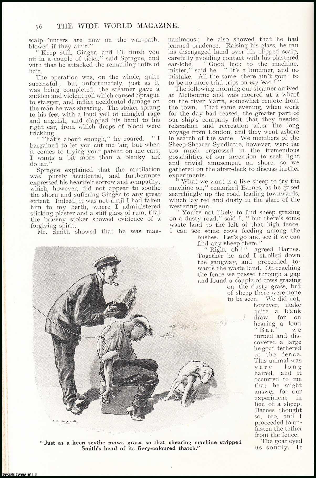 W. Brooke. Illustrated by L.R. Brightwell. - The Sheep-Shearer : a machine invented by the second engineer & what happened when the device came to be tested. An uncommon original article from the Wide World Magazine, 1925.