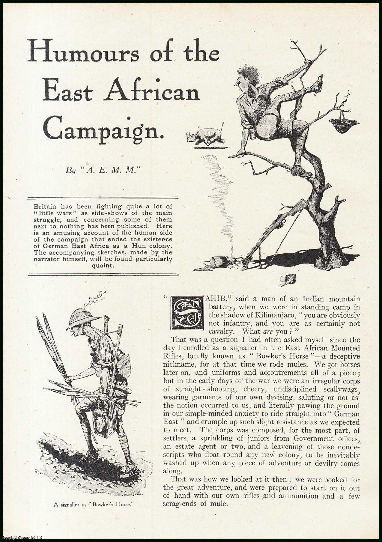 A.E.M.M. - Humours of the East African Campaign. An uncommon original article from the Wide World Magazine, 1917.