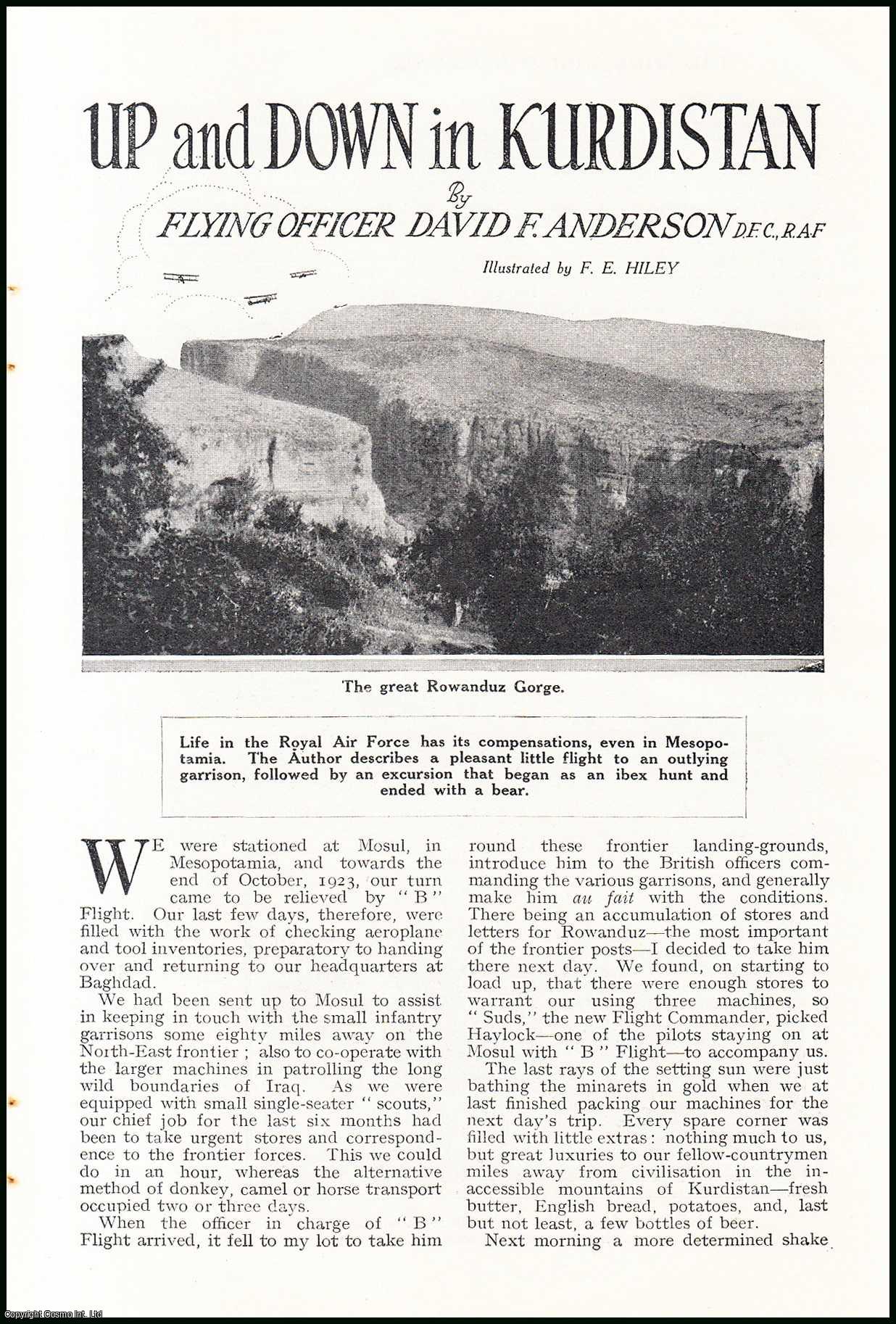 Flying Officer David F. Anderson, D.F.C., R.A.F. Illustrated by F.E. Hiley. - Up & Down in Kurdistan : a flight to an outlying garrison, followed by an excursion that began as an ibex hunt & ended with a bear. An uncommon original article from the Wide World Magazine, 1926.