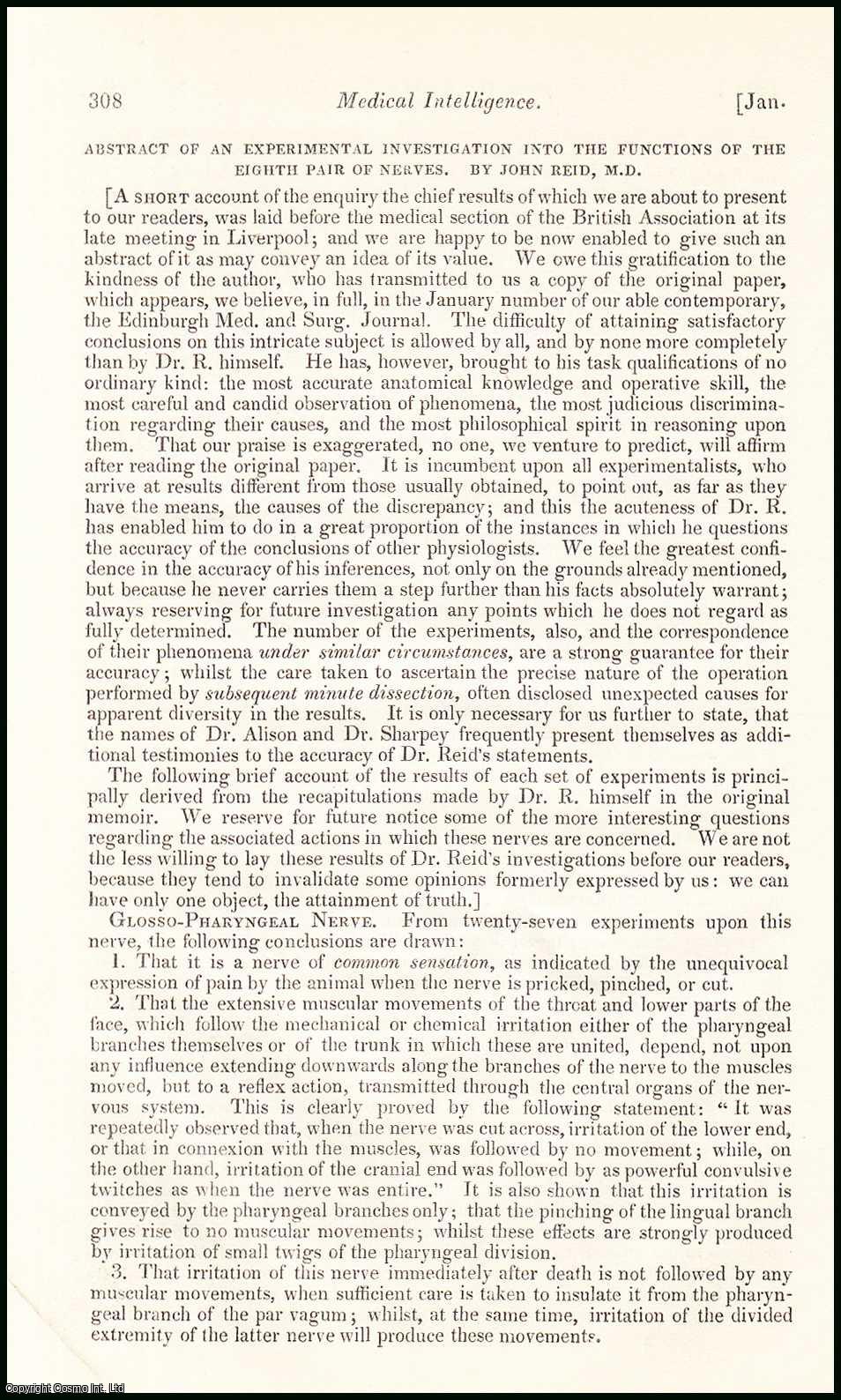 No author is given for this article - Abstract of an Experimental Investigation into the Functions of the Eighth Pair of Nerves. An original essay from the British & Foreign Medical Review, 1838.