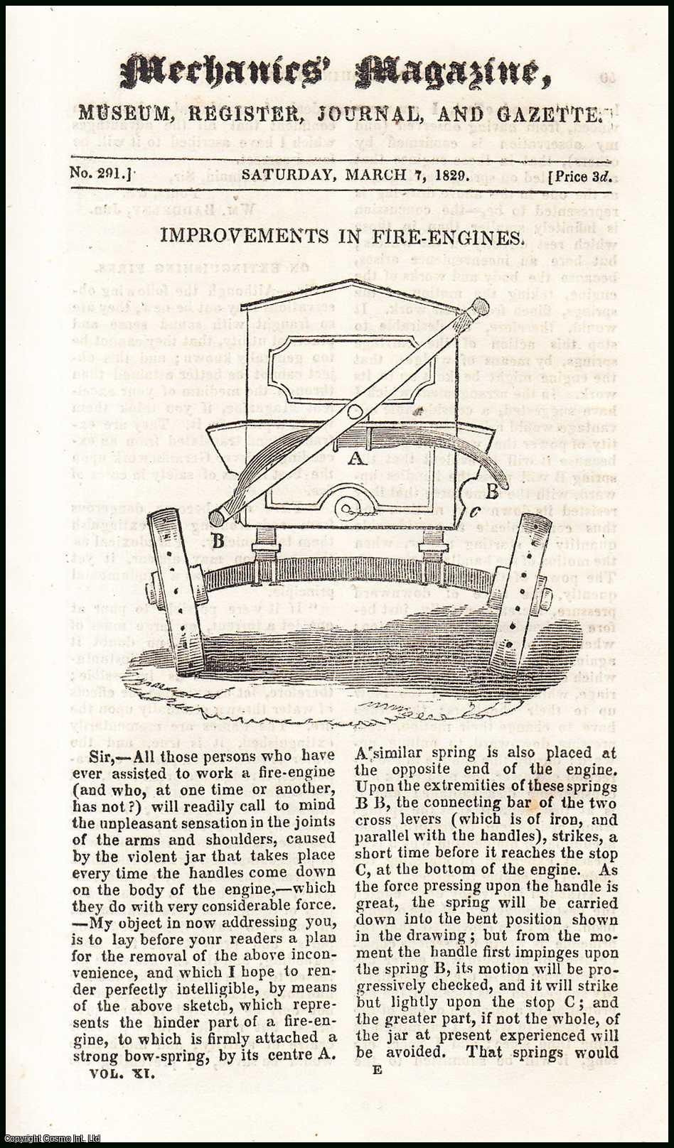 MECHANICS MAGAZINE - Improvements in Fire-Engines; Mr. Ibbetson's Geometric Chuck; Extinguishing Fires, etc. Mechanics Magazine, Museum, Register, Journal and Gazette. Issue No. 291. A complete rare weekly issue of the Mechanics' Magazine, 1829.