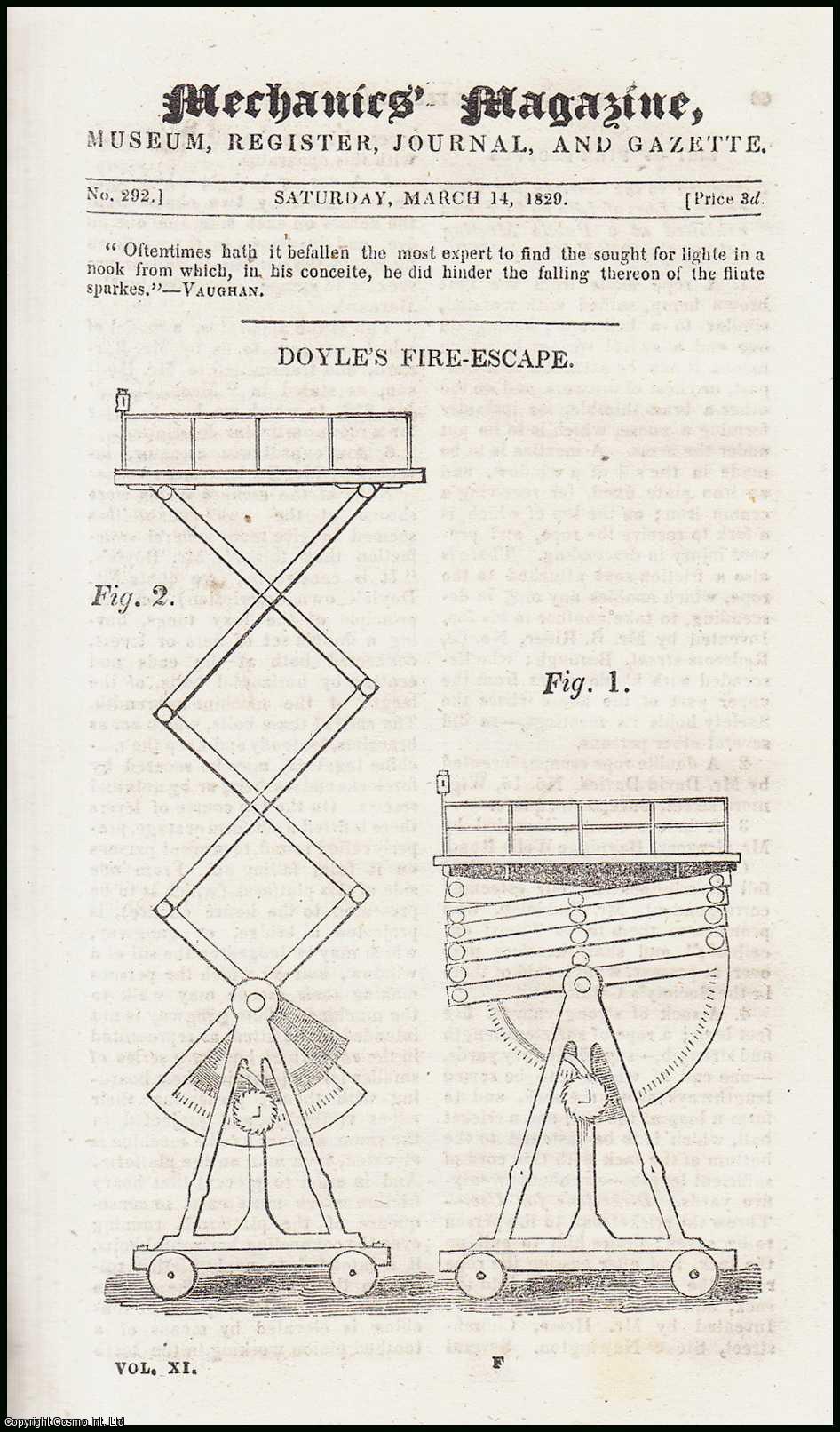 MECHANICS MAGAZINE - Doyle's Fire-Escape; Barton's & Reed's Steam Pistons ; Improvement in Steam-Engine Condensers, etc. Mechanics Magazine, Museum, Register, Journal and Gazette. Issue No. 292. A complete rare weekly issue of the Mechanics' Magazine, 1829.