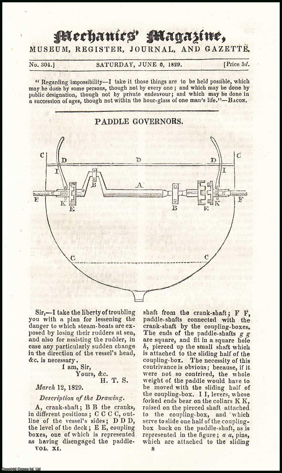 MECHANICS MAGAZINE - Paddle Governors; Rifles & Rifle Shooting; Improved Process of Steam Drying Woollens; Church Clocks, etc. Mechanics Magazine, Museum, Register, Journal and Gazette. Issue No. 304. A complete rare weekly issue of the Mechanics' Magazine, 1829.