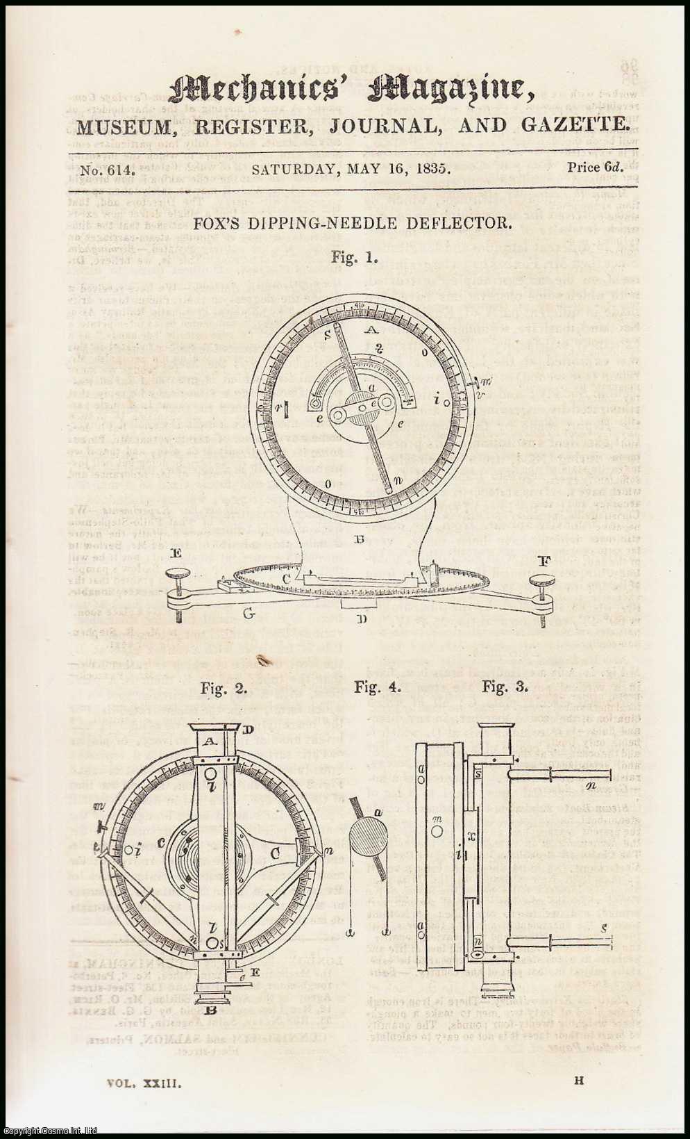 MECHANICS MAGAZINE - Fox's Dipping-Needle Deflector; Progress of the Hot-Air System of Smelting; The Undulating Railway - Mr. Badnall's Reply to Mr. Stephenson & Mr. Whitehead, etc. Mechanics Magazine, Museum, Register, Journal and Gazette. Issue No. 614. A complete rare weekly issue of the Mechanics' Magazine, 1835.