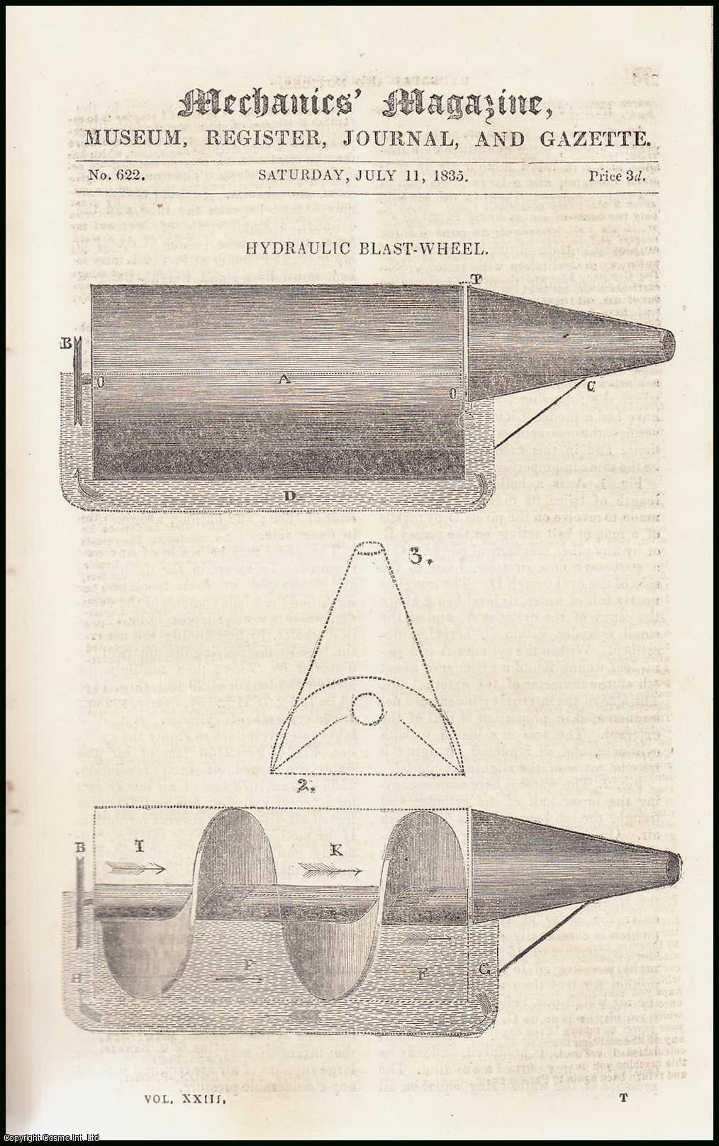 MECHANICS MAGAZINE - Hydraulic Blast-Wheel; Cow's Portable India-Rubber Boat, for Landing & Embarking the Horses attached to a Field Gun, or Cavalry; Baines's History of the Cotton Manufacture, etc. Mechanics Magazine, Museum, Register, Journal and Gazette. Issue No. 622. A complete rare weekly issue of the Mechanics' Magazine, 1835.