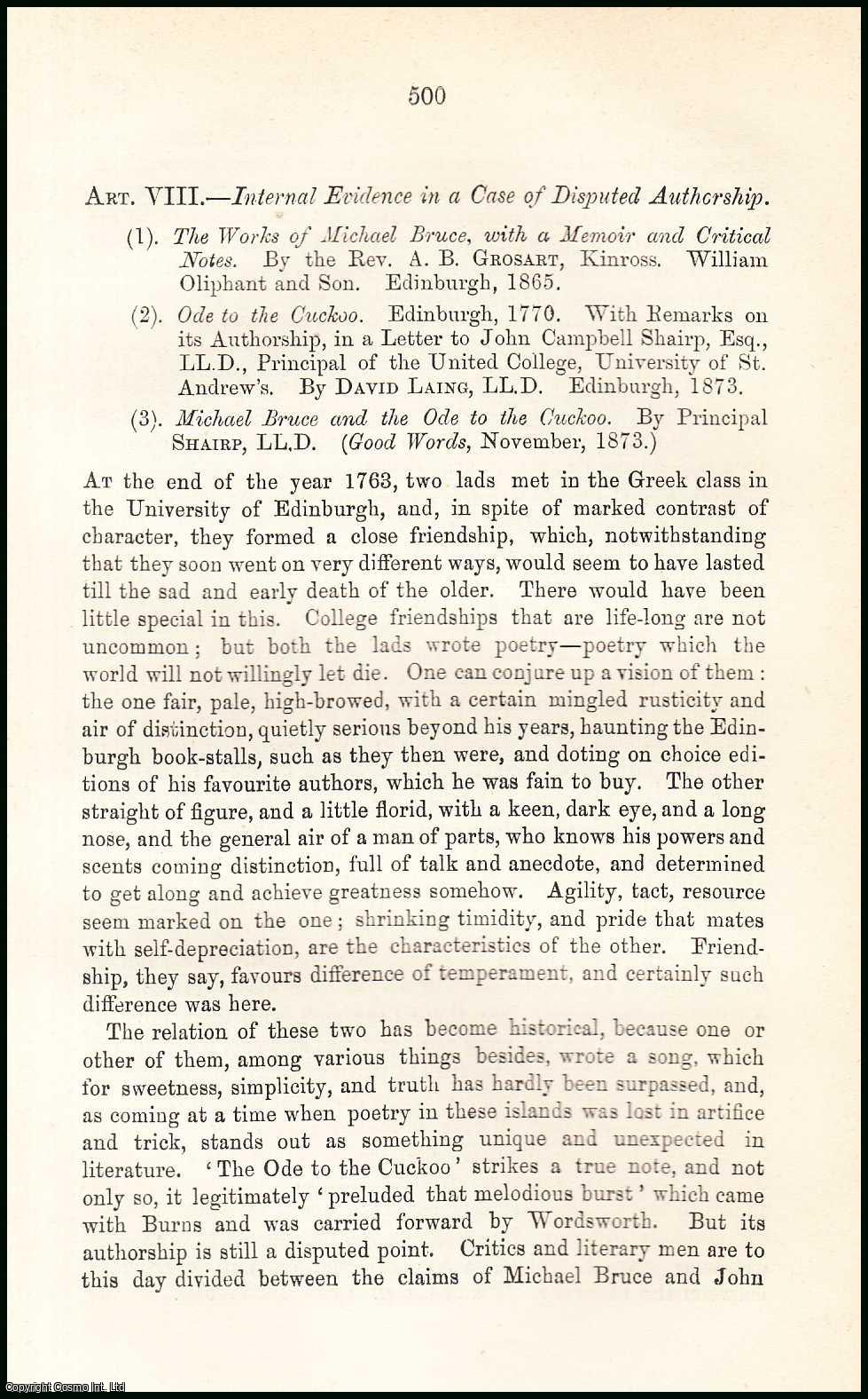 Author Unknown - On a Poem the Ode to the Cuckooby. Michael Bruce or John Logan. Internal Evidence in a Case of Disputed Authorship. A rare original article from the British Quarterly Review, 1875.
