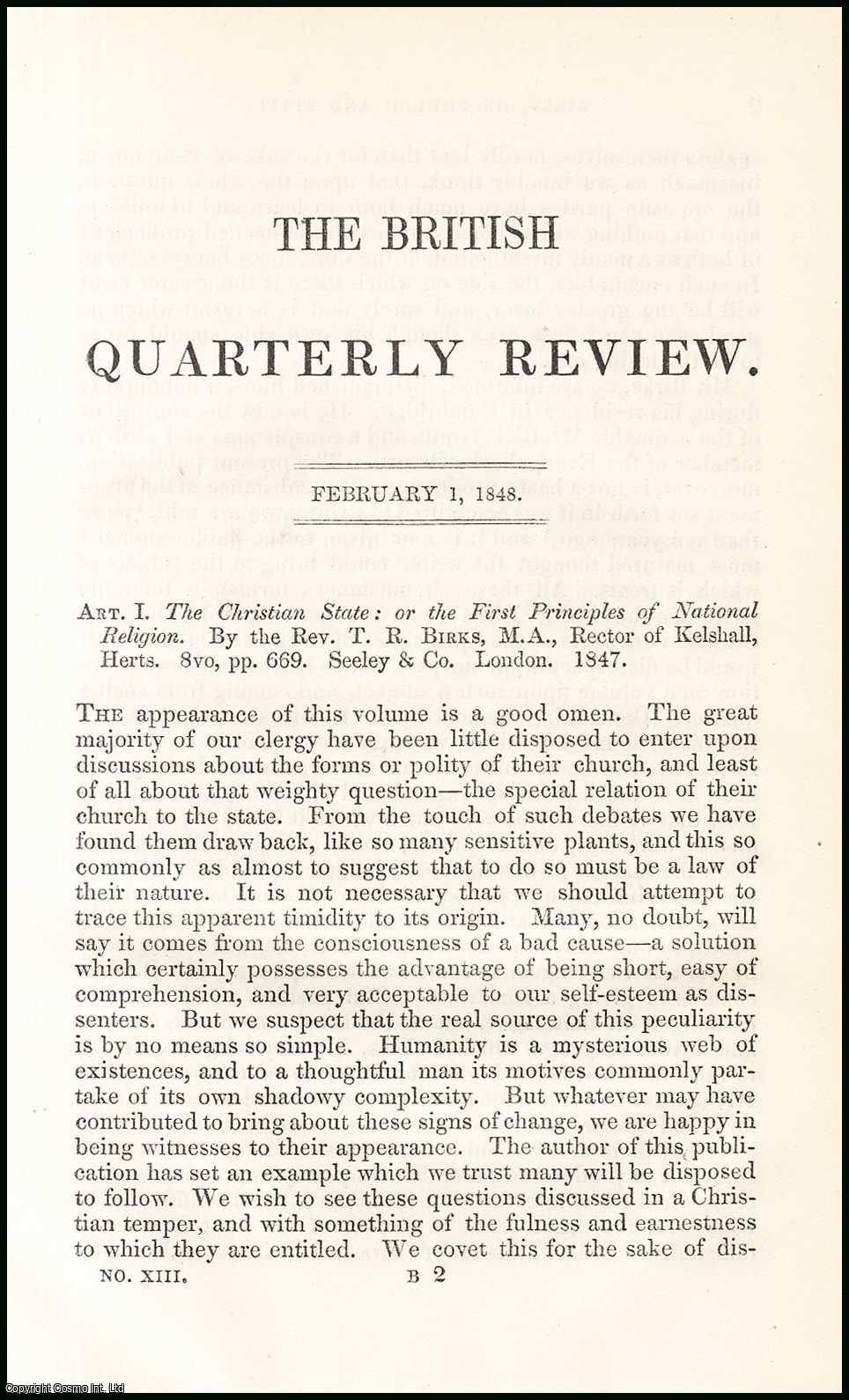 Robert Vaughan - The Christian State : or the First Principles of National Religion. By the Rev. T.R. Birks, M.A., Rector of kelshall, Herts. A rare original article from the British Quarterly Review, 1848.