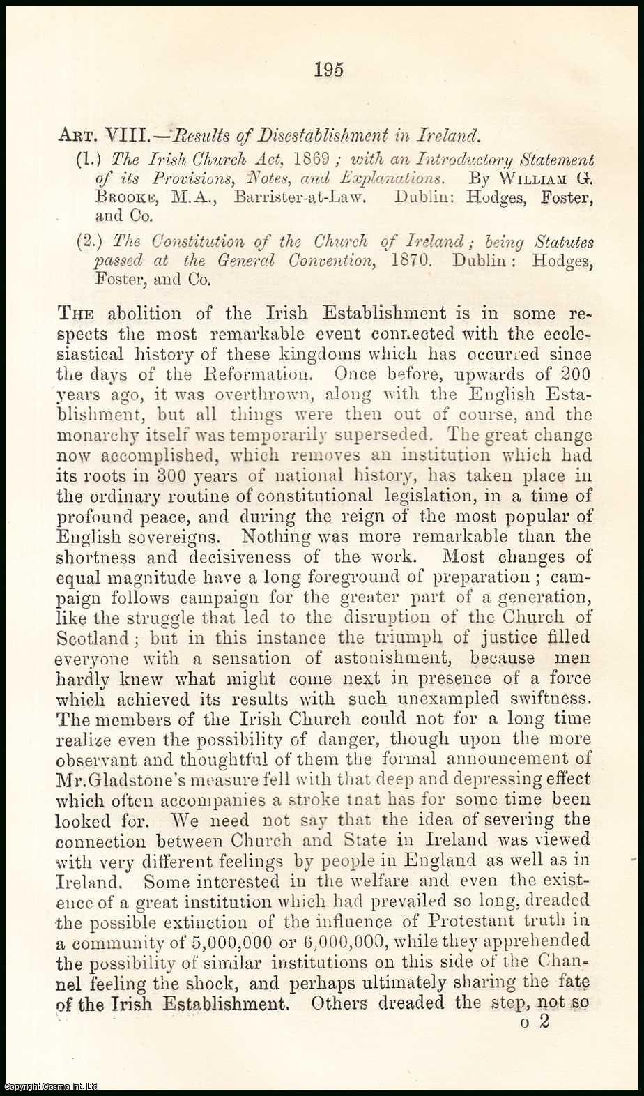 Author Unknown - Results of Disestablishment in Ireland. A rare original article from the British Quarterly Review, 1872.