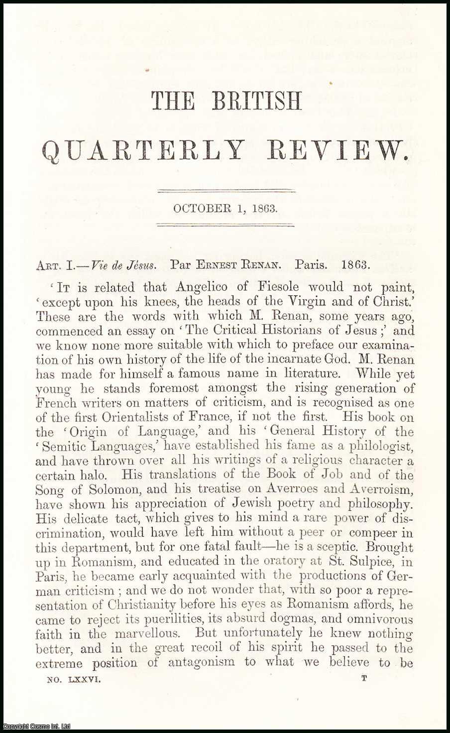 Author Unknown - Renan's Vie de Jesus. A rare original article from the British Quarterly Review, 1863.