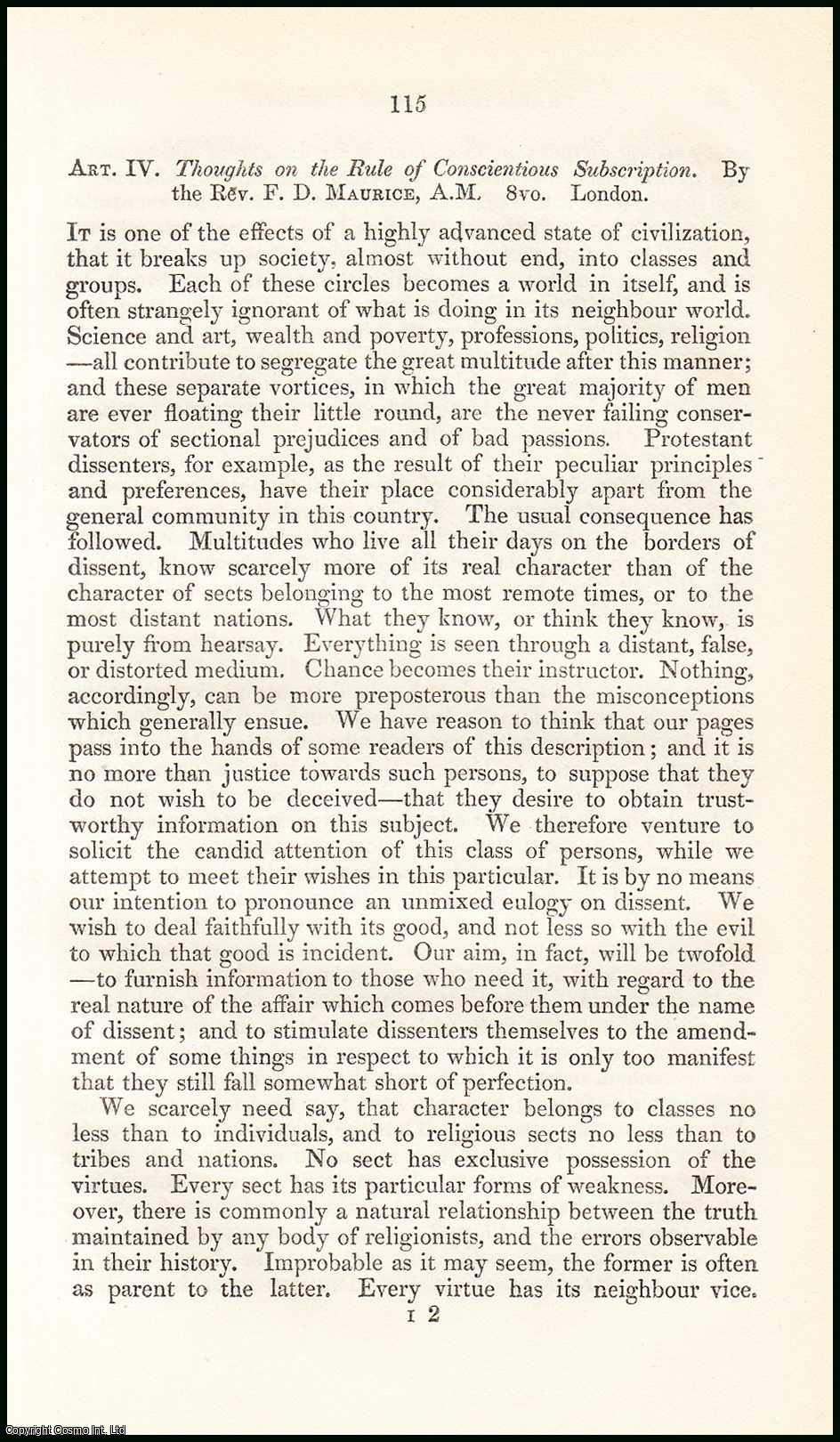 Robert Vaughan - Characteristics of Dissent : Dissent as a Protest ; Dissent its Self-Denial ; Dissent in its Relation to Spirituality, etc. A rare original article from the British Quarterly Review, 1847.
