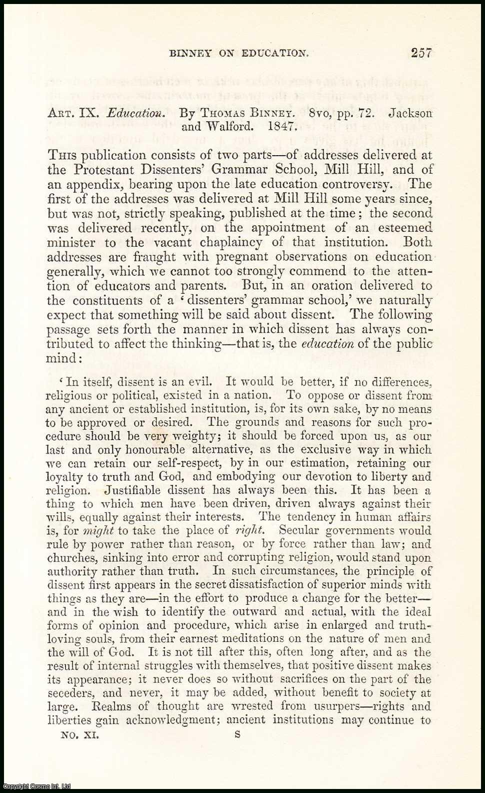 Robert Vaughan - Thomas Binney on Education. A rare original article from the British Quarterly Review, 1847.