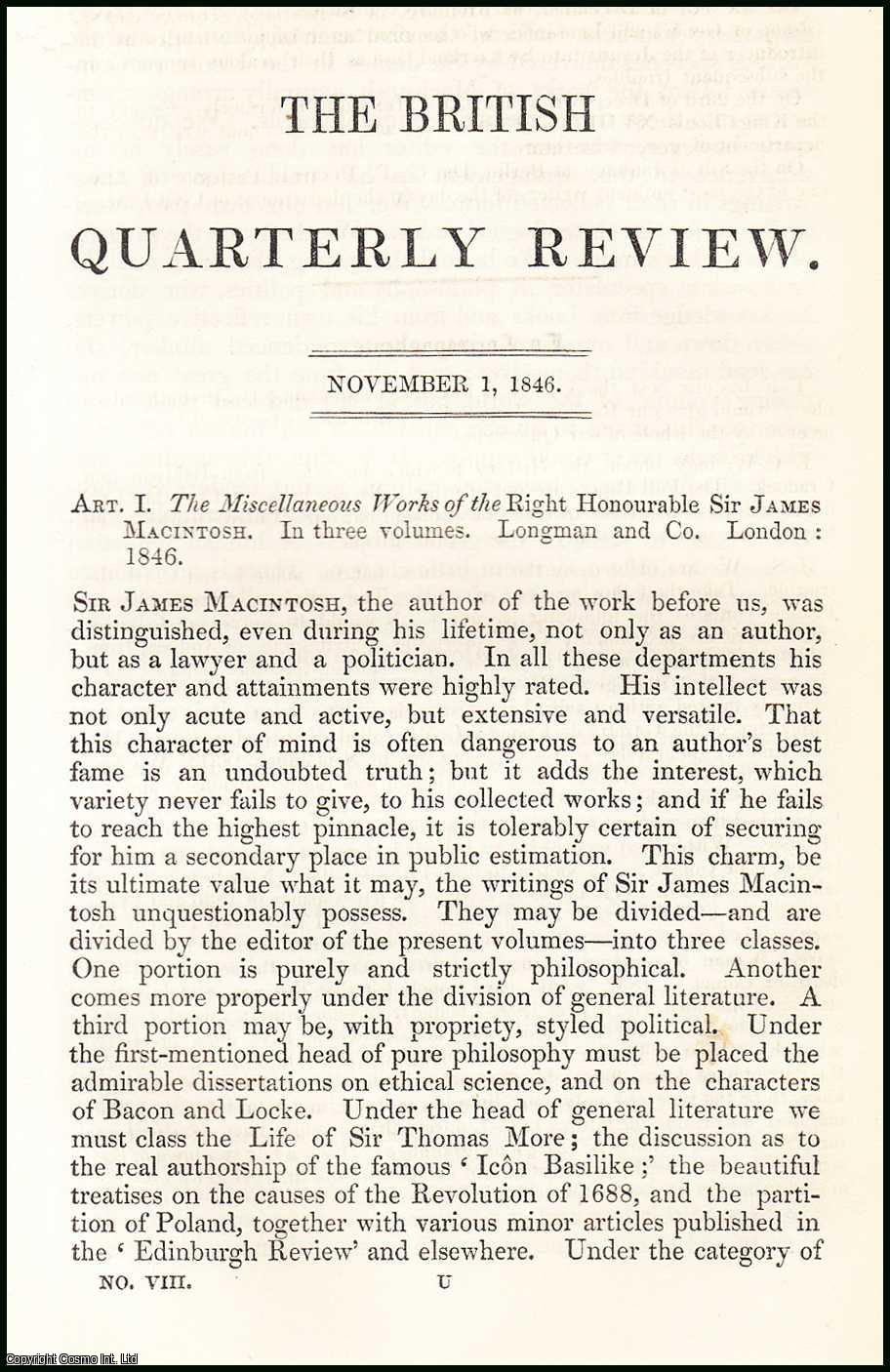 Author Unknown - The Miscellaneous Works of the Honourable Sir James Macintosh. A rare original article from the British Quarterly Review, 1846.