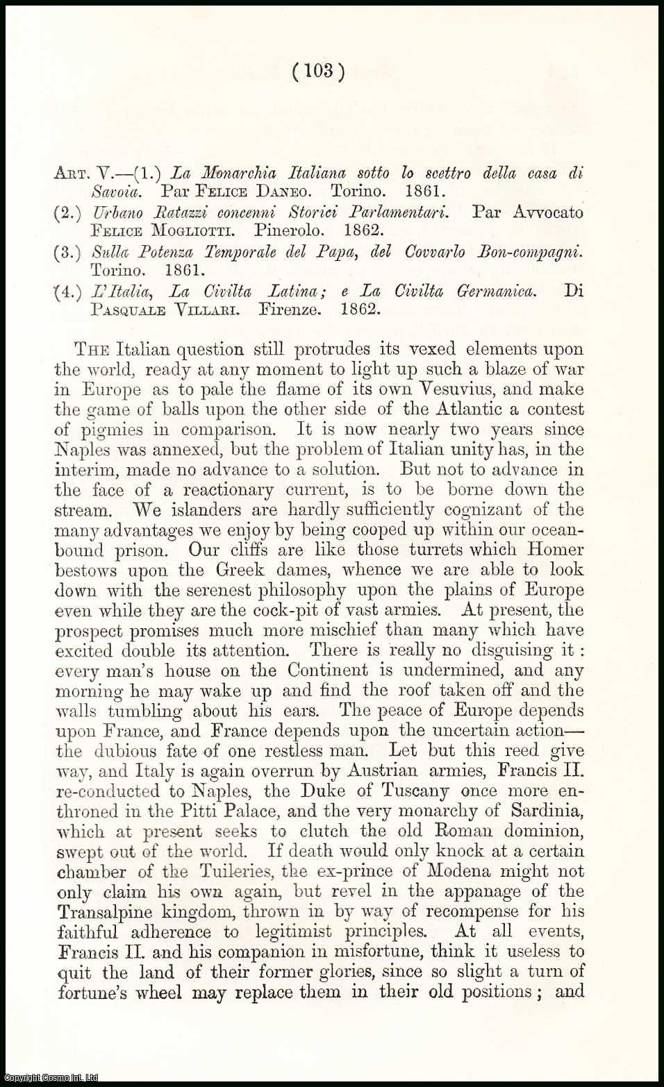 Author Unknown - France and Italy. A rare original article from the British Quarterly Review, 1862.