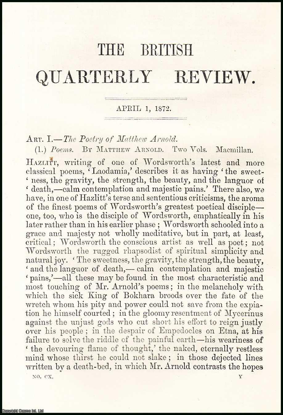 R. H. Hutton - The Poetry of Matthew Arnold. A rare original article from the British Quarterly Review, 1872.