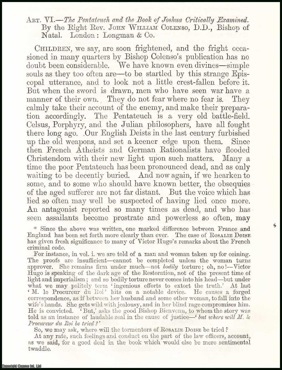 Robert Vaughan - Bishop Colenso, First Bishop of Natal ; The Pentateuch. A rare original article from the British Quarterly Review, 1863.
