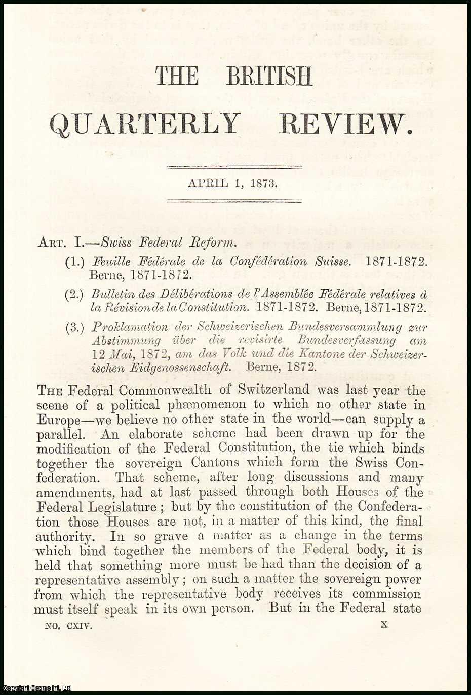 E. A. Freeman - Swiss Federal Reform. A rare original article from the British Quarterly Review, 1873.