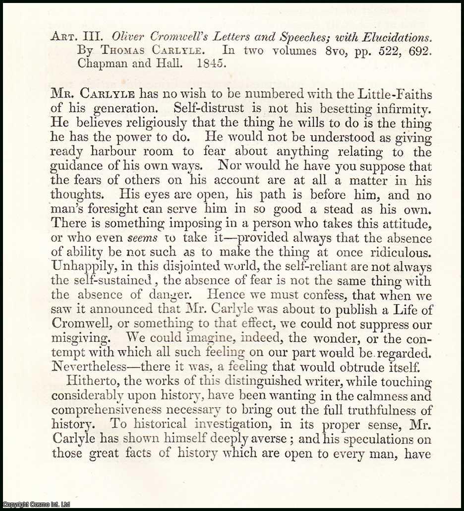 Robert Vaughan - Cromwell's Letters, by Thomas Carlyle. A rare original article from the British Quarterly Review, 1846.