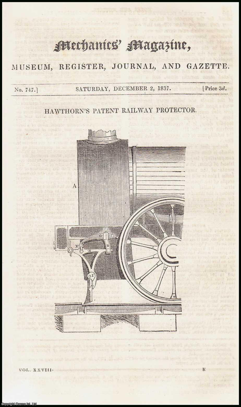 MECHANICS MAGAZINE - Hawthorn's Patent Railway Protector; Riddle's Spring Pen-Holders; Dr. Lardner on Railway Constants - Resistance of the Atmosphere - Spinning Tops; Avery's Rotary Steam-Engine, etc. Mechanics Magazine, Museum, Register, Journal and Gazette. Issue No. 747. A complete rare weekly issue of the Mechanics' Magazine, 1837.