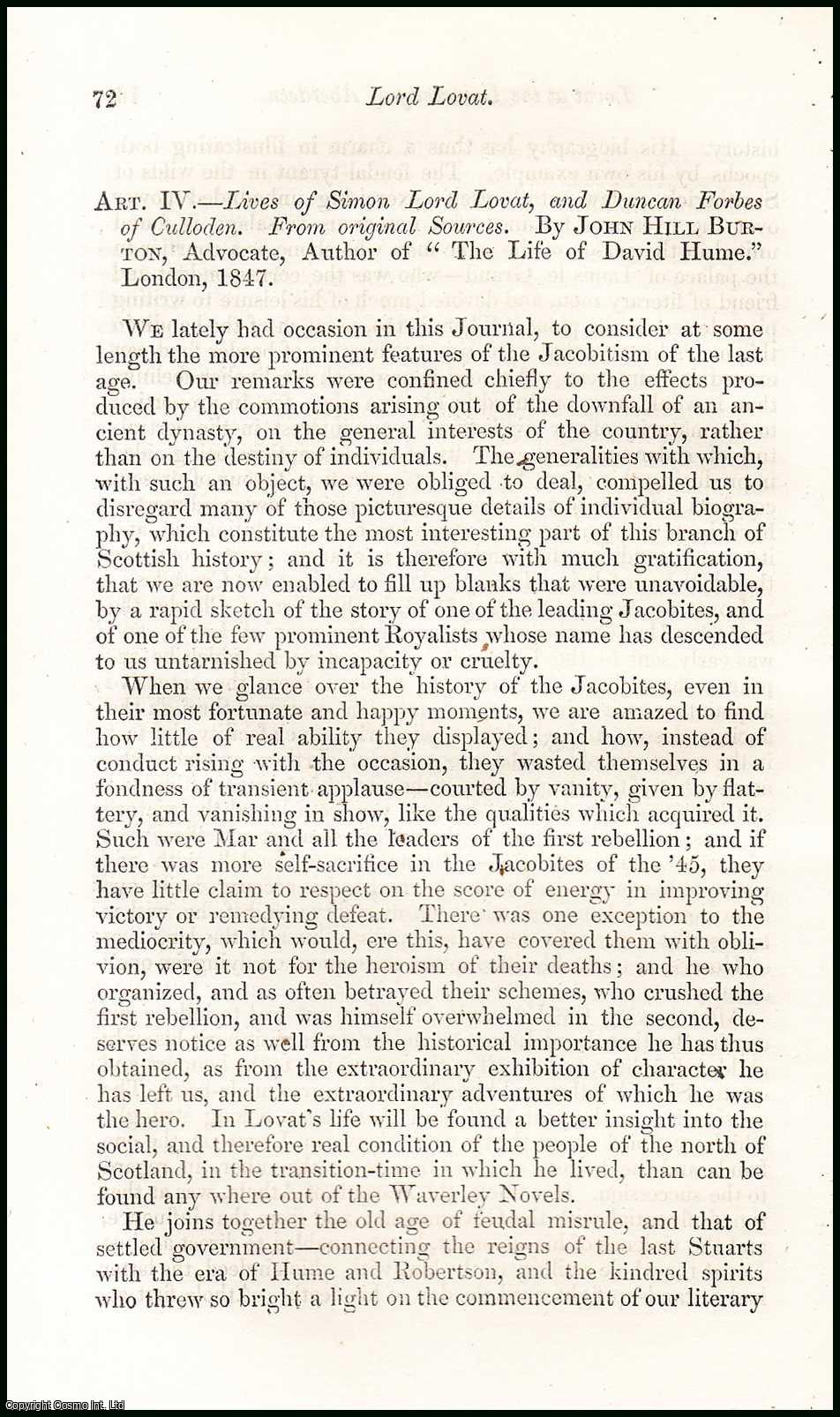 Patrick Fraser - Lives of Simon Lovat & Duncan Forbes. An uncommon original article from the North British Review, 1847.