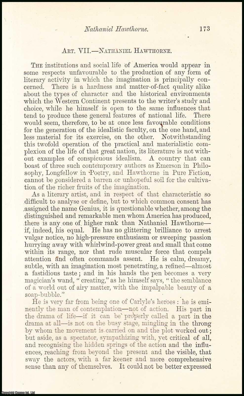 Bell Douglas - Nathaniel Hawthorne. A Literary Critique of his Works. An uncommon original article from the North British Review, 1868.