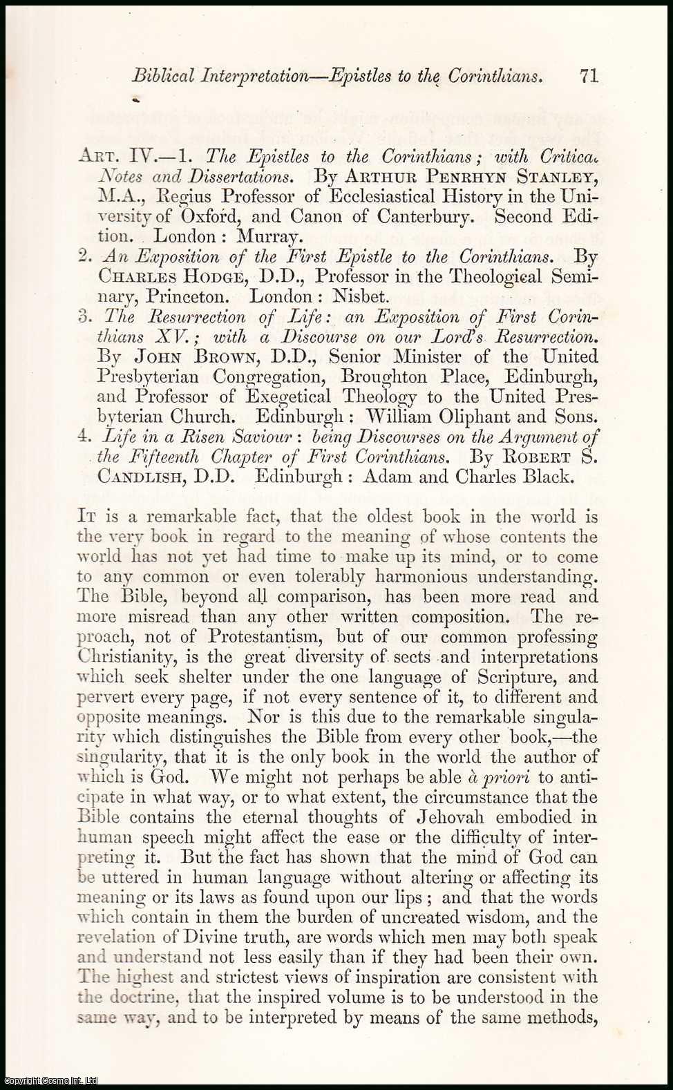 James Bannerman - Biblical Interpretation : Epistles to the Corinthians. An uncommon original article from the North British Review, 1858.