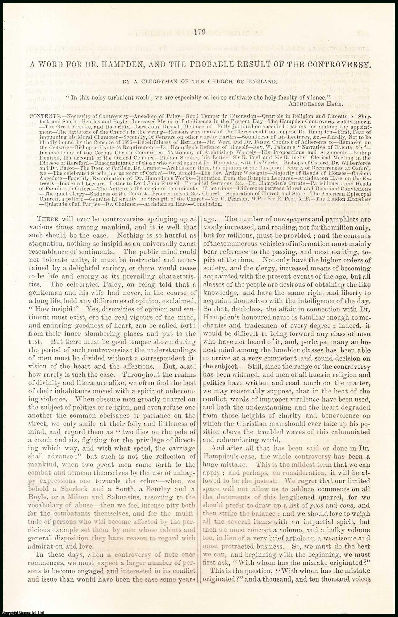 by a clergyman of the Church of England. - A Word for Dr. Hampden, & the Probable Result of the Controversy. An original article from Tait's Edinburgh Magazine, 1848.