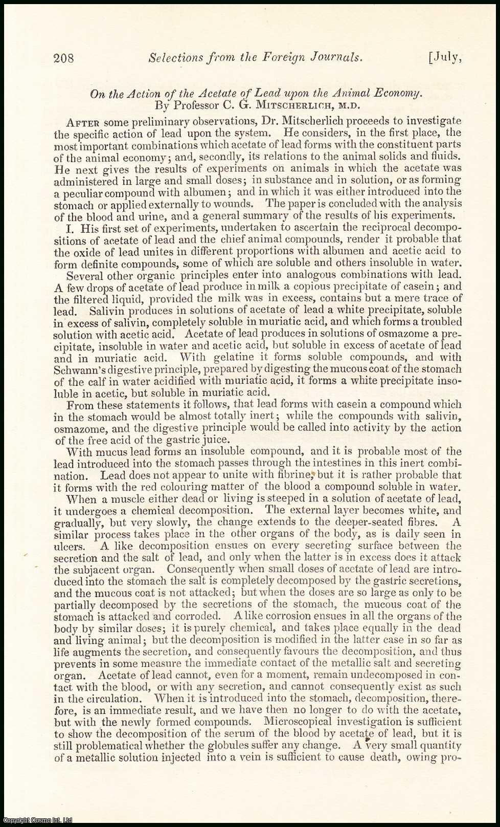 Edited by Sir John Forbes & John Conolly - On the Action of the Acetate of Lead upon the Animal Economy, by Professor C.G. Mitscherlich. An original essay from the British & Foreign Medical Review, 1837. No author is given for this article.