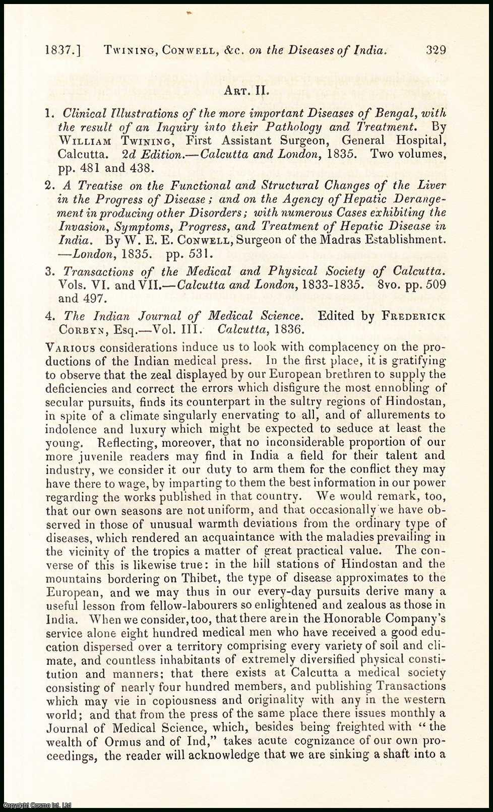 Edited by Sir John Forbes & John Conolly - On the Diseases of India. An original essay from the British & Foreign Medical Review, 1837. No author is given for this article.