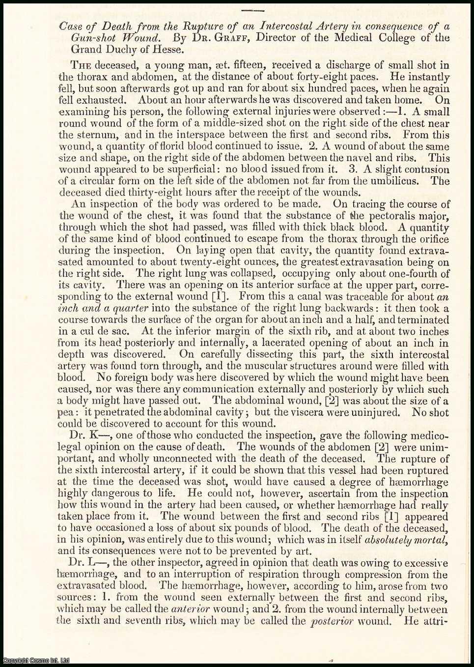 Edited by Sir John Forbes & John Conolly - Case of Death from the Rupture of an Intercostal Artery in Consequence of a Gun-Shot Wound, by Dr. Graff. An original essay from the British & Foreign Medical Review, 1837. No author is given for this article.