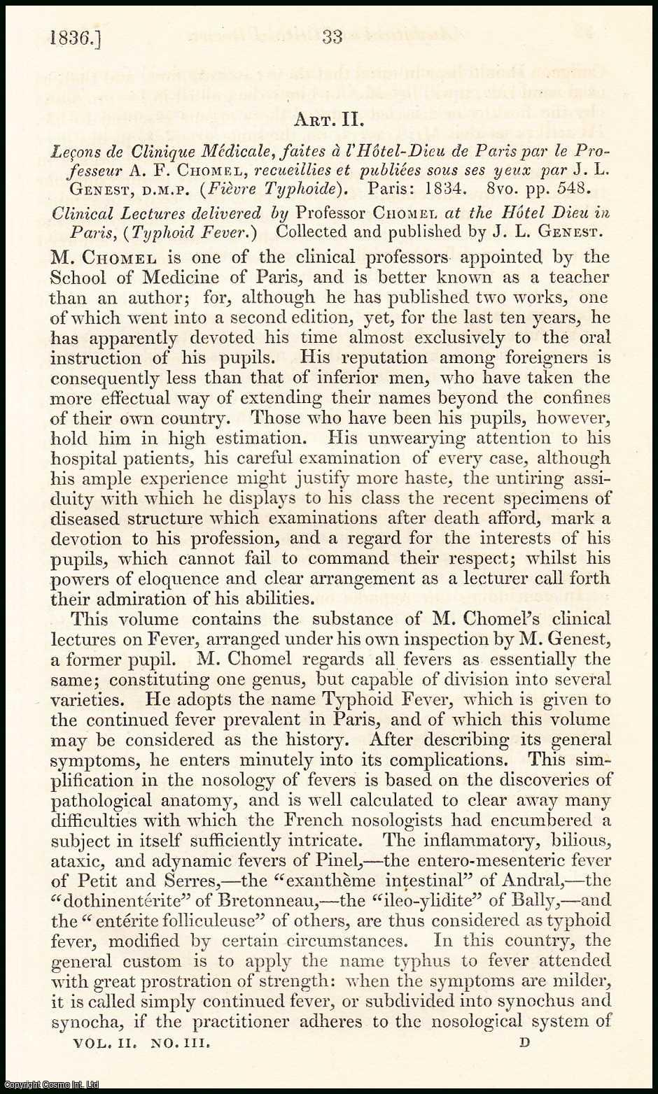 Edited by Sir John Forbes & John Conolly - Typhoid Fever. An original essay from the British & Foreign Medical Review, 1836. No author is given for this article.
