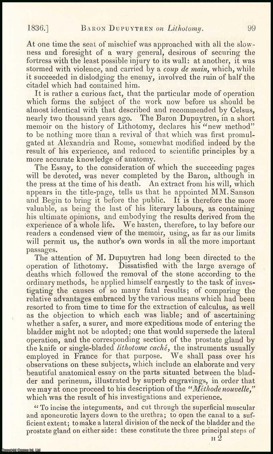 Edited by Sir John Forbes & John Conolly - Lithotomy : Midwifery. An original essay from the British & Foreign Medical Review, 1836. No author is given for this article.