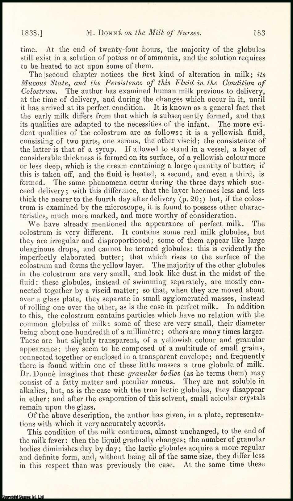 Edited by Sir John Forbes & John Conolly - Considerations on Milk, & Particularly that of Nurses, more especially in regard to its good or bad Nutritive Qualities, & the Changes to which it is subject. An original essay from the British & Foreign Medical Review, 1838. No author is given for this article.