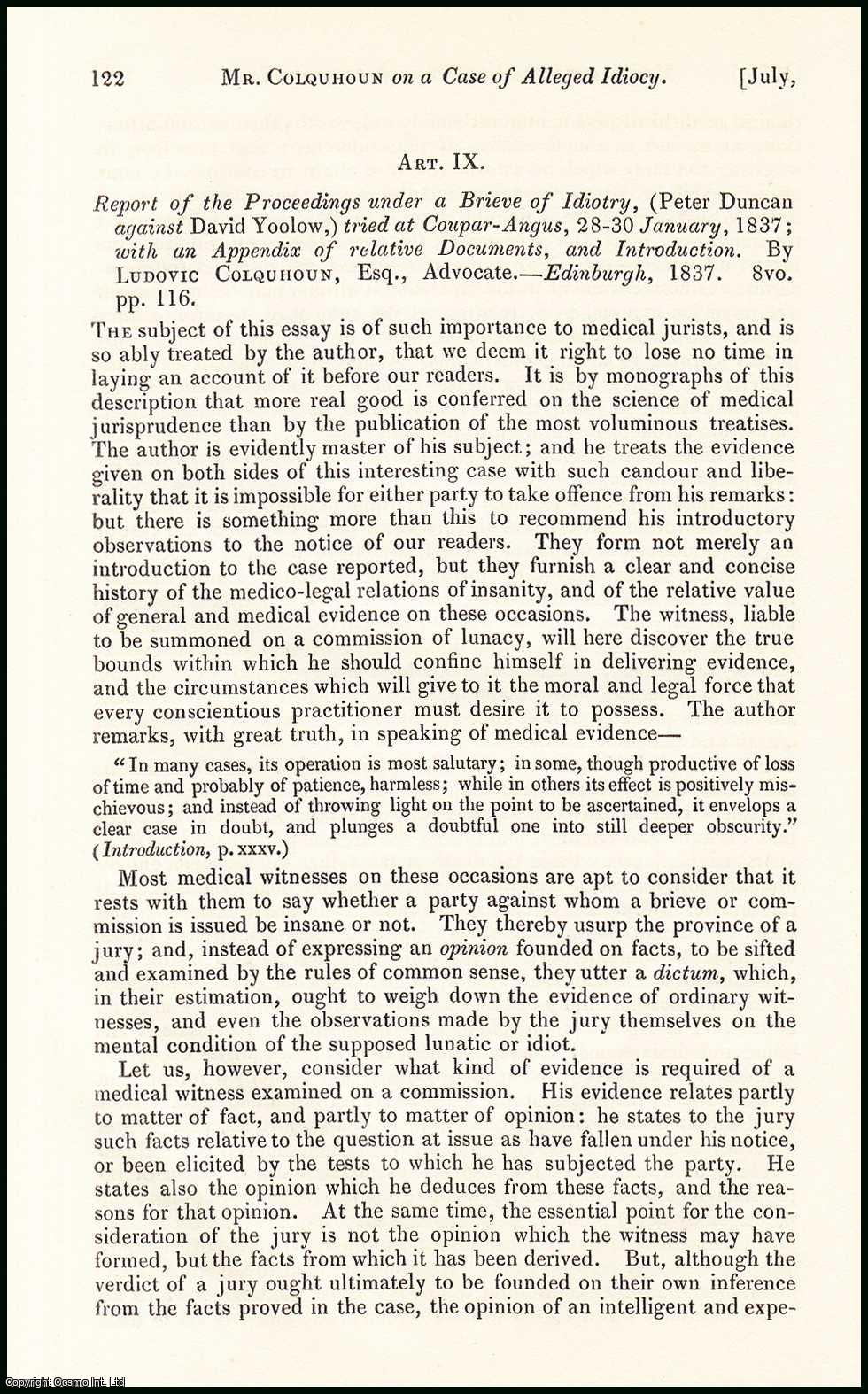 Edited by Sir John Forbes & John Conolly - On a Case of Alleged idiocy, by Ludovic Colquhoun. An original essay from the British & Foreign Medical Review, 1838. No author is given for this article.