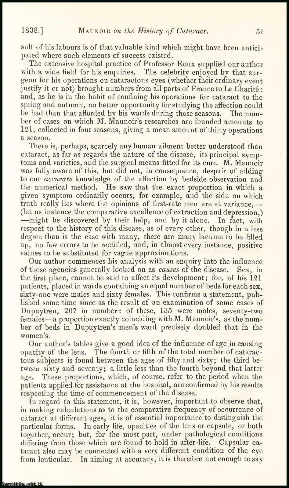 Edited by Sir John Forbes & John Conolly - Essay on certain Points in the History of Cataract, by M. Maunoir. An original essay from the British & Foreign Medical Review, 1838. No author is given for this article.