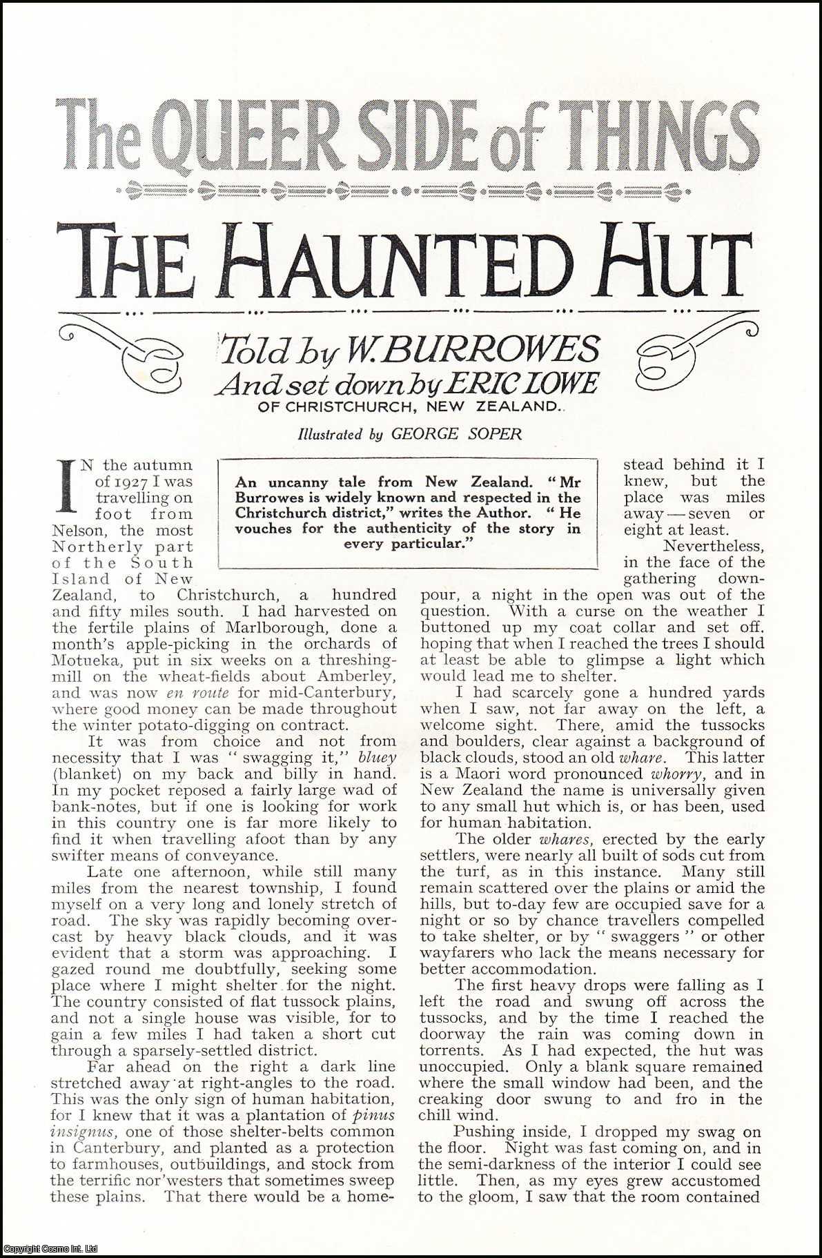 W. Burrowes & Eric Lowe of Christchurch, New Zealand. Illustrated by George Soper. - The Haunted Hut, Christchurch, New Zealand. An uncommon original article from the Wide World Magazine, 1931.