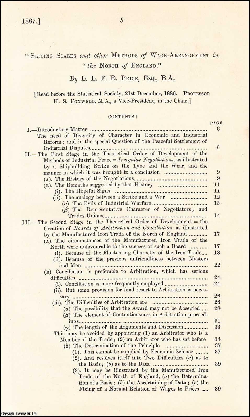 L.L.F.R. Price, Esq., B.A. - Sliding Scales & other Methods of Wage-Arrangement in the North of England. An uncommon original article from the Journal of the Royal Statistical Society of London, 1887.