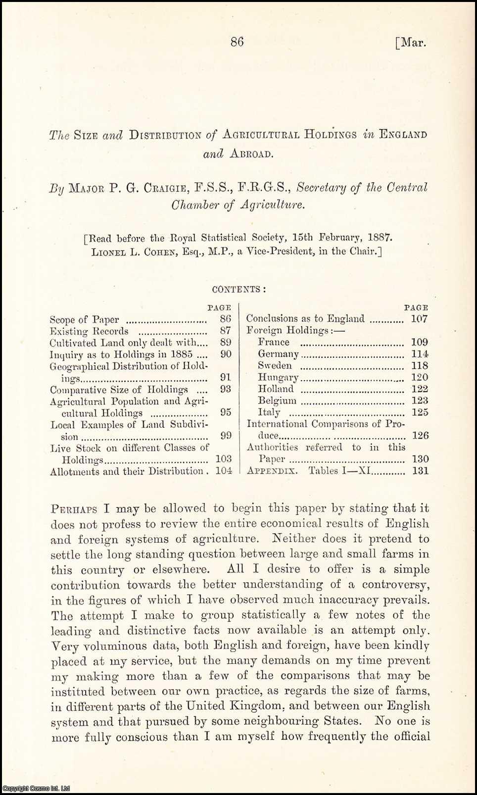 Major P.G. Craigie, F.S.S.., F.R.G.S., Secretary of the Central Chamber of Agriculture. - The Size & Distribution of Agricultural Holdings in England & Abroad. An uncommon original article from the Journal of the Royal Statistical Society of London, 1887.