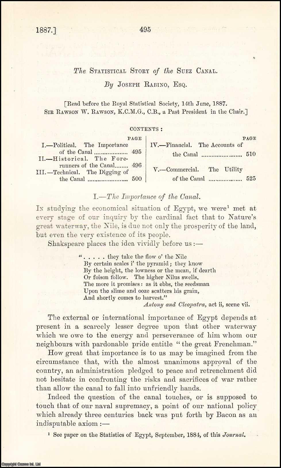 Joseph Rabino, Esq. - The Statistical Story of the Suez Canal. An uncommon original article from the Journal of the Royal Statistical Society of London, 1887.