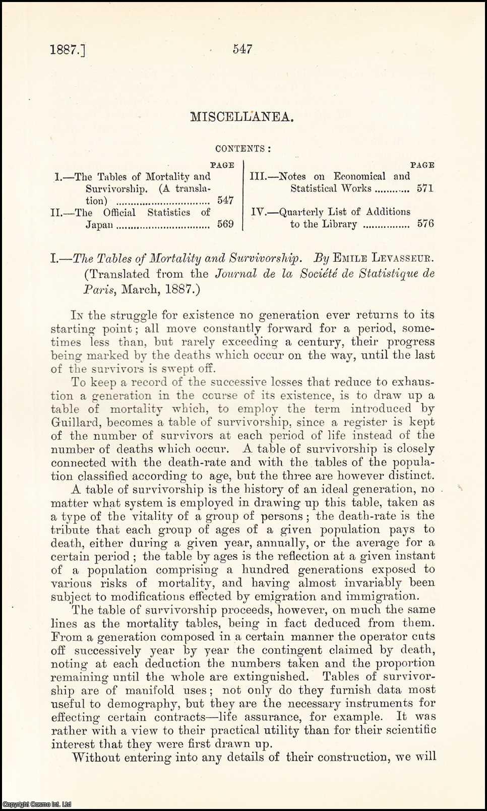 Emile Levasseur - The Tables of Mortality & Survivorship. An uncommon original article from the Journal of the Royal Statistical Society of London, 1887.