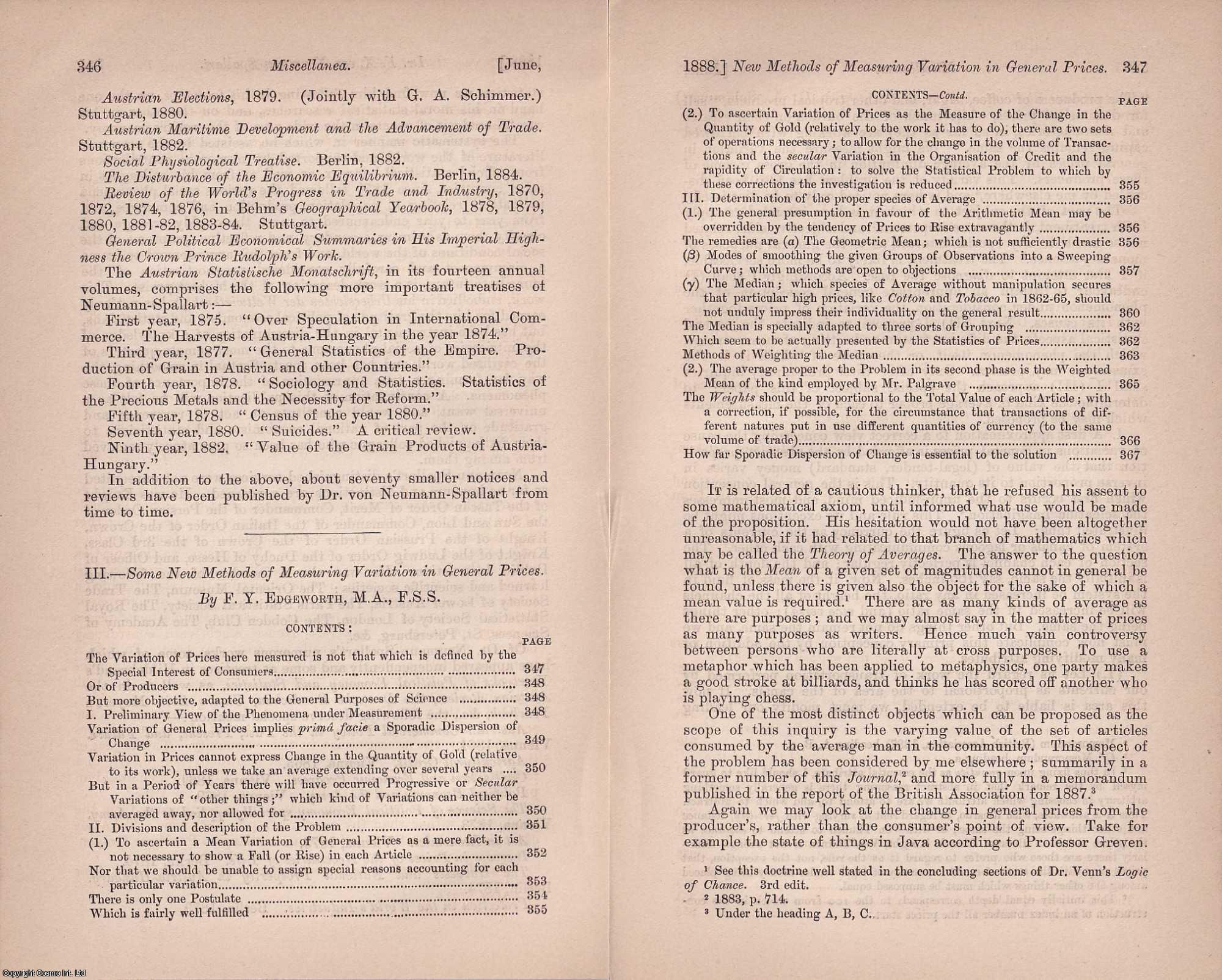 F.Y. Edgeworth, M.A., F.S.S. - Some New Methods of Measuring Variation in General Prices. An uncommon original article from the Journal of the Royal Statistical Society of London, 1888.