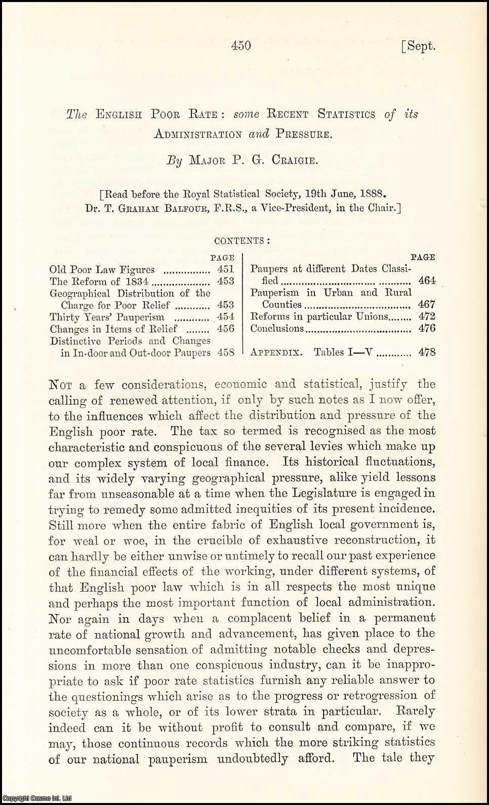 Major P.G. Craigie, F.S.S.., F.R.G.S., Secretary of the Central Chamber of Agriculture. - The English Poor Rate : some Recent Statistics of its Administration & Pressure. An uncommon original article from the Journal of the Royal Statistical Society of London, 1888.