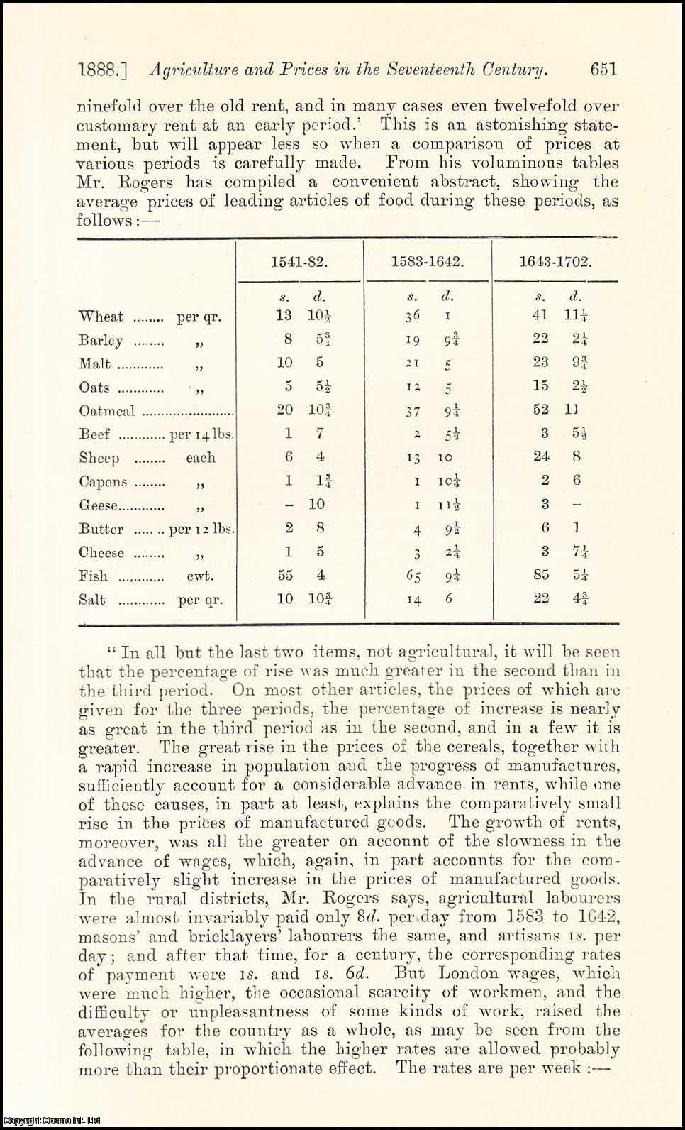 No Author Stated - Agriculture & Prices in the Seventeenth Century. An uncommon original article from the Journal of the Royal Statistical Society of London, 1888.