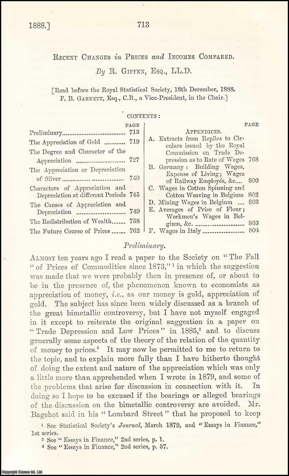 R. Giffen, Esq., LL.D. - Recent Changes in Prices & Incomes Compared. An uncommon original article from the Journal of the Royal Statistical Society of London, 1888.