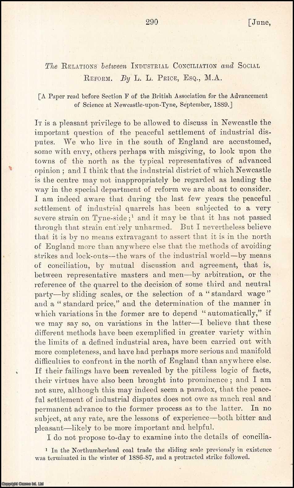 L.L. Price, Esq., M.A. - The Relations between Industrial Conciliation & Social Reform. An uncommon original article from the Journal of the Royal Statistical Society of London, 1890.