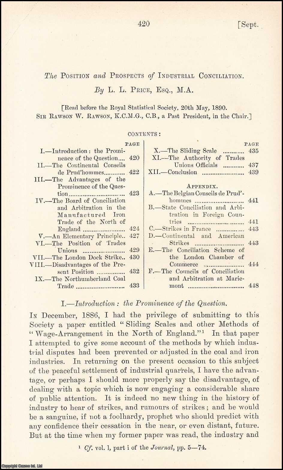 L.L. Price, Esq., M.A. - The Position & Prospects of Industrial Conciliation. An uncommon original article from the Journal of the Royal Statistical Society of London, 1890.