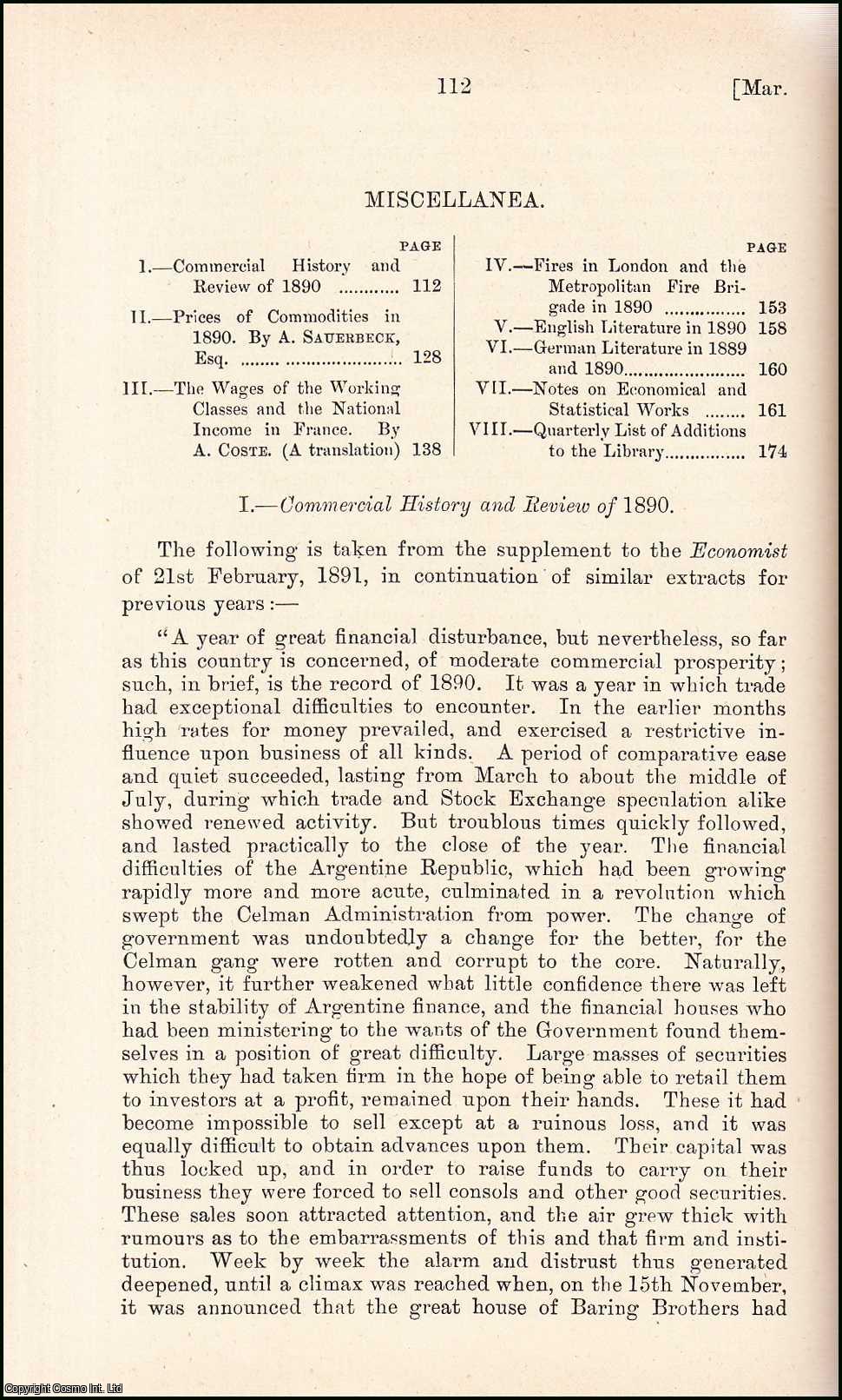No Author Stated - Commercial History & Review of 1890. An uncommon original article from the Journal of the Royal Statistical Society of London, 1891.