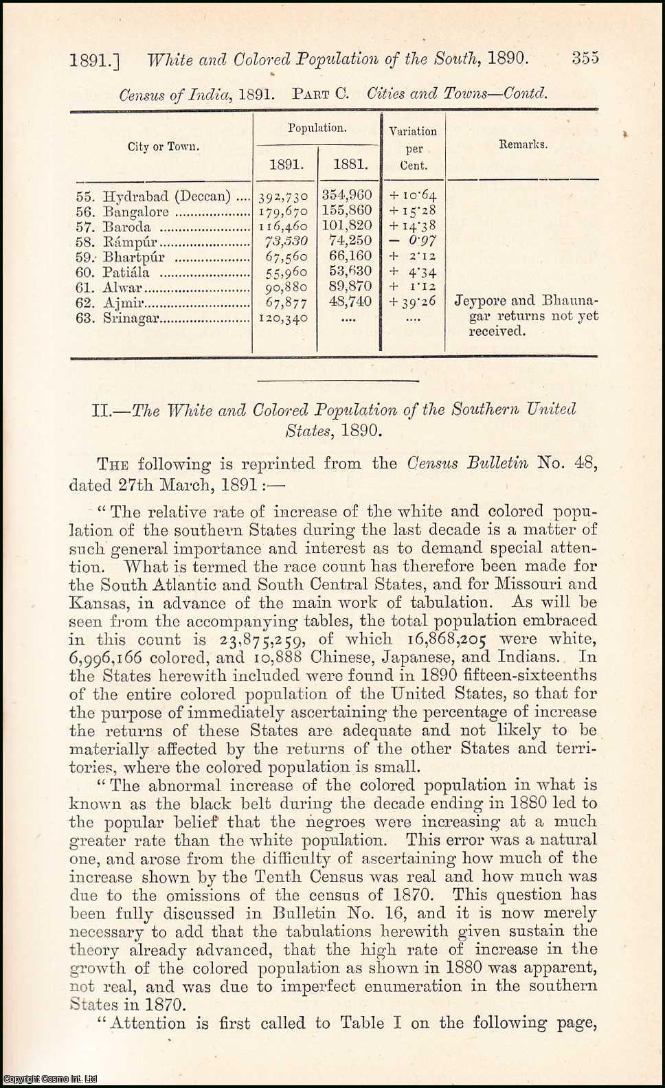 No Author Stated - The White & Colored Population of the Southern United States, 1890. An uncommon original article from the Journal of the Royal Statistical Society of London, 1891.