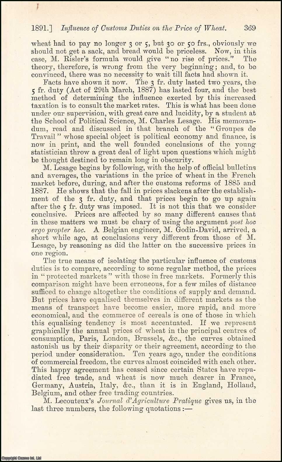 A. DE Foville - The Influence of Customs Duties on the Price of Wheat. An uncommon original article from the Journal of the Royal Statistical Society of London, 1891.
