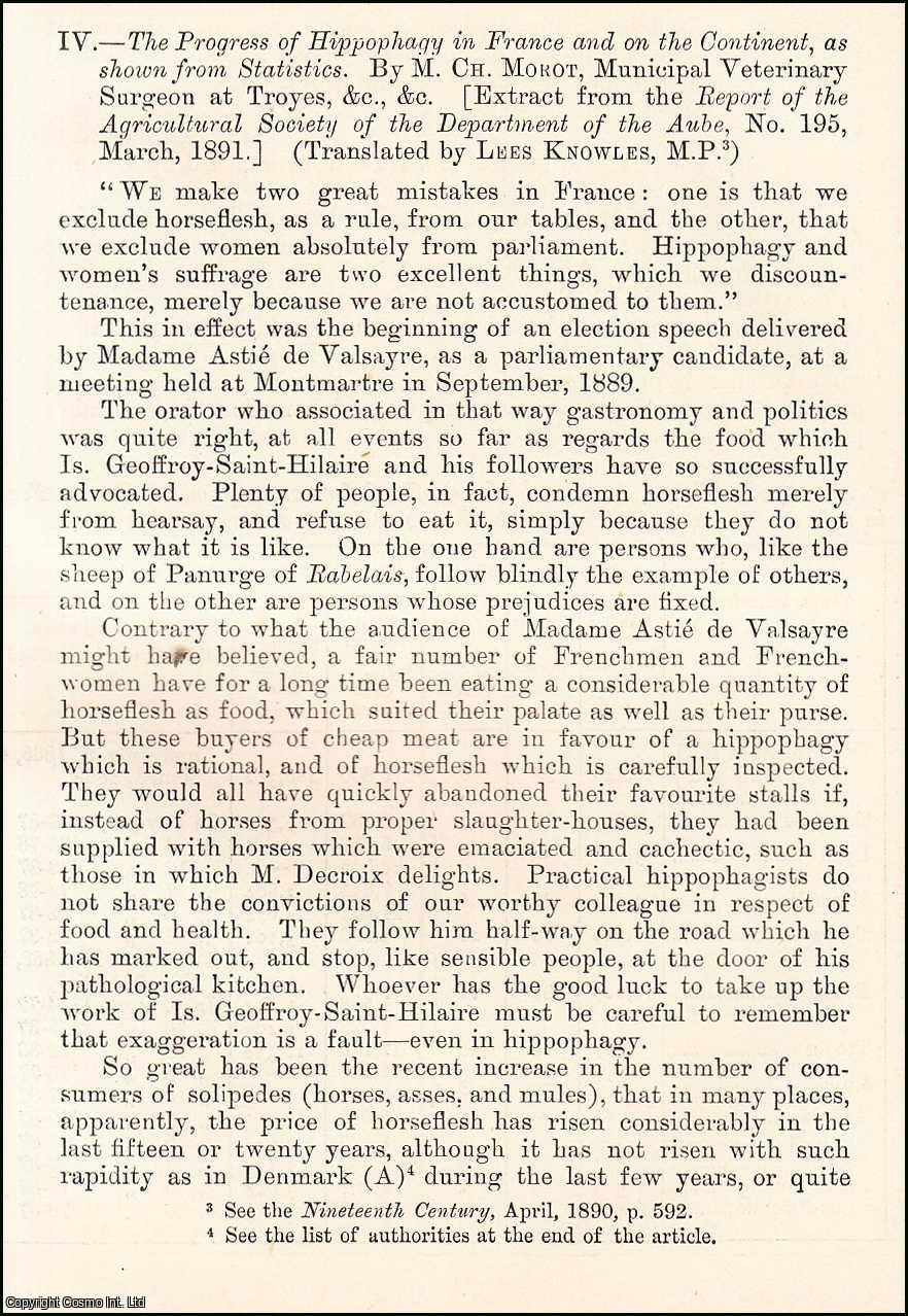 M. CH. Morot, Municipal Veterinary Surgeon at Troyes. - The Progress of Hippophagy in France & on the Continent, as shown from Statistics. An uncommon original article from the Journal of the Royal Statistical Society of London, 1891.