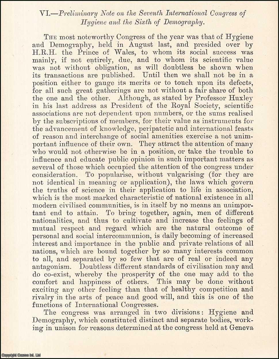 No Author Stated - Congress of Hygiene & Demography. An uncommon original article from the Journal of the Royal Statistical Society of London, 1891.